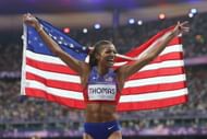 Thomas after winning the 200m gold medal on the 11th day of the Paris Olympics (Image via: Getty)